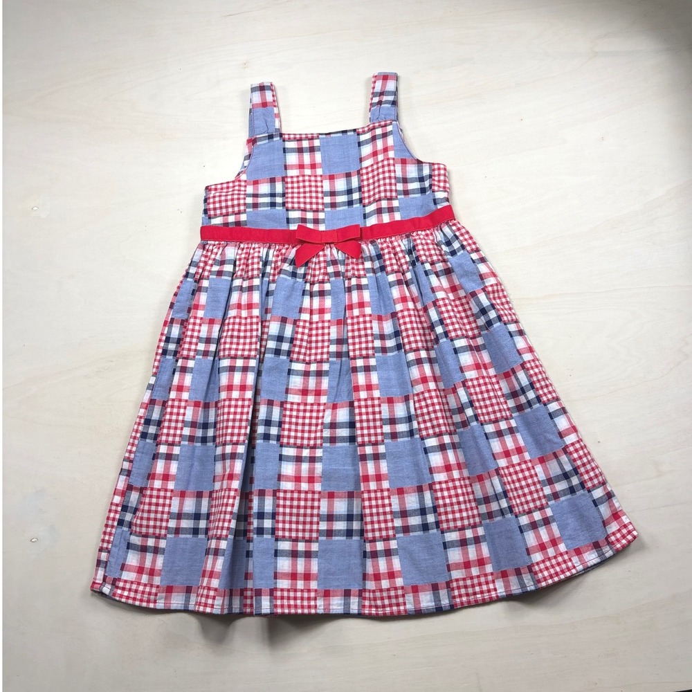 Gymboree Girls Red White Blue Patchwork Plaid Bow Dress Size 6 Cotton Sleeveless